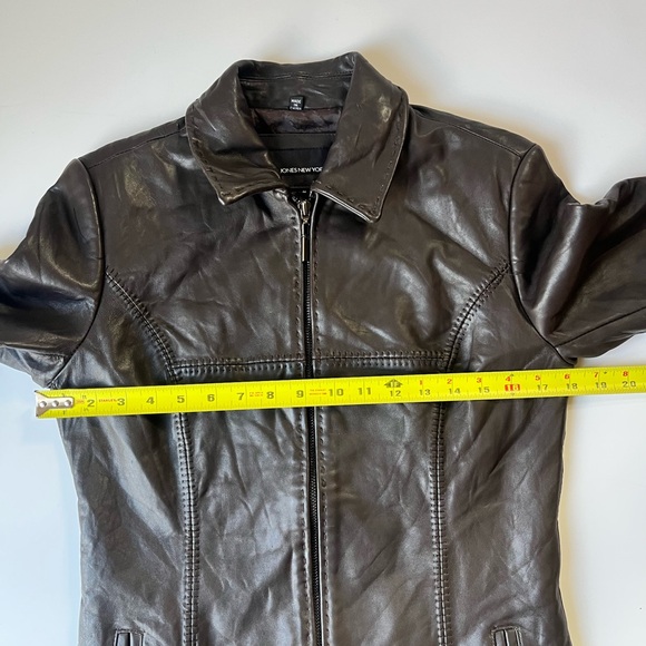 Jones New York Brown Genuine Leather Jacket Fitted Zip Front Size S - Picture 10 of 16